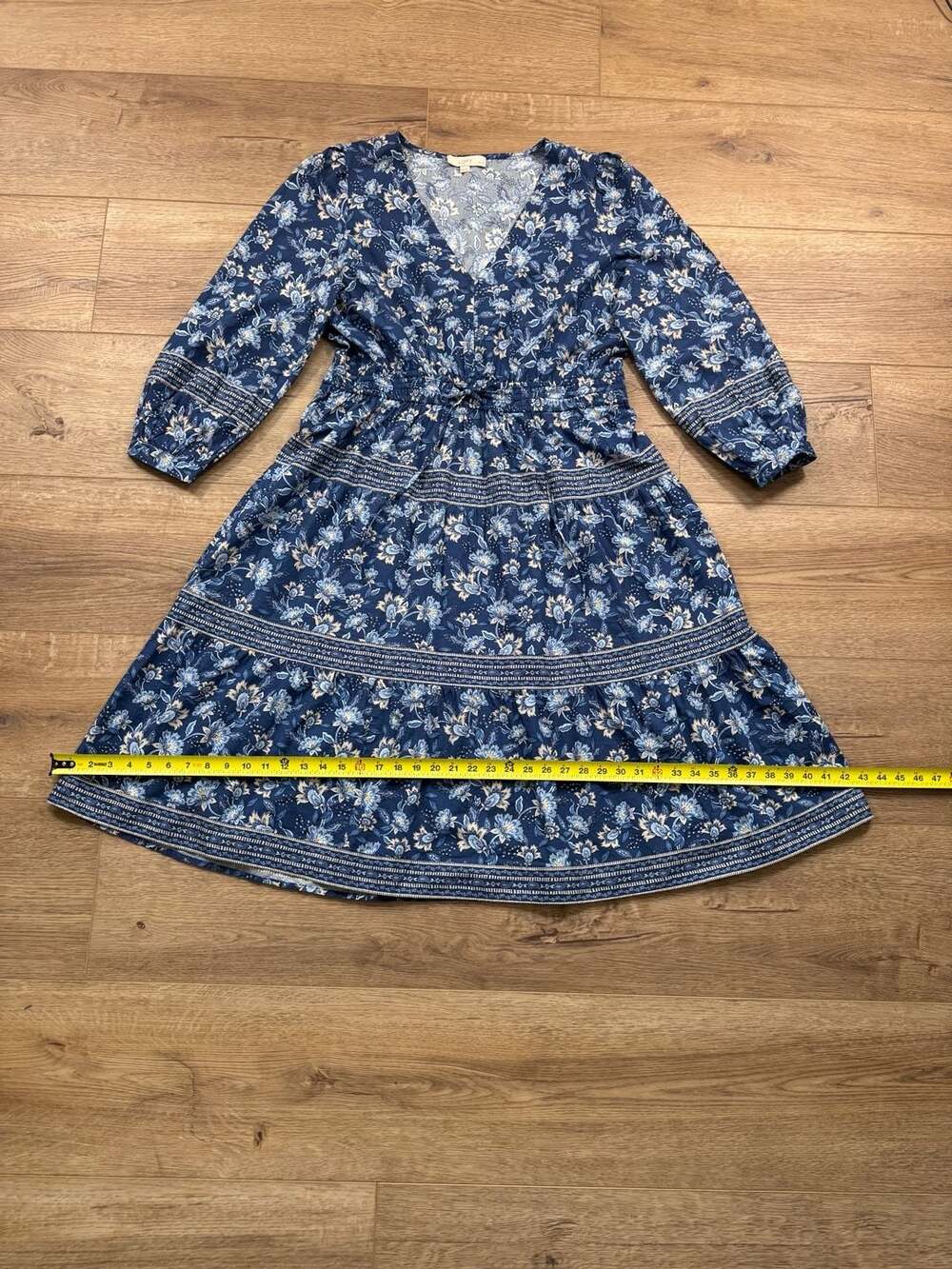 LOFT Petites Blue Floral Tiered Dress V Neck Long Sleeve Size XLP Boho - Picture 7 of 13